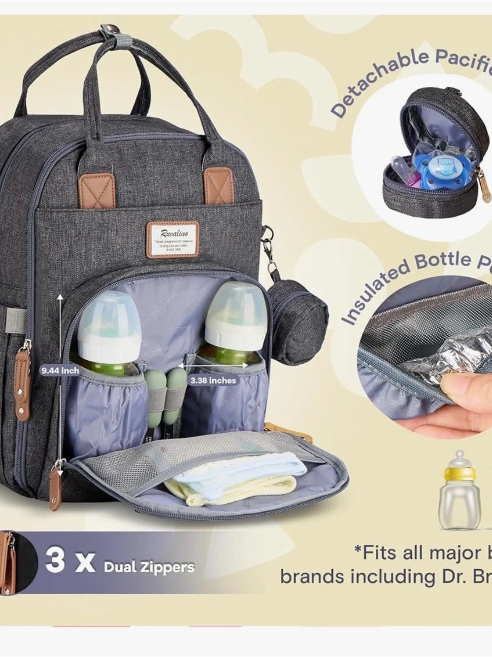 Ruvalino Gray Baby Bag Backpack diaper bag